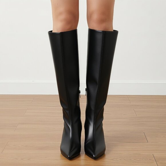 Lurnyet Women's Knee High Boots, Faux Leather Pointed Toe with 2 Inch Heel - Picture 8 of 9